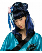 Black and Blue Dragon Lady Geisha Partial Updo Wig with Flower and Ribbons 