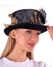Black Voodoo Hat With Feather And Skeleton 