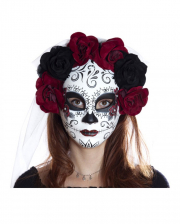 Sugar Skull Maske mit Blüten & Schleier 