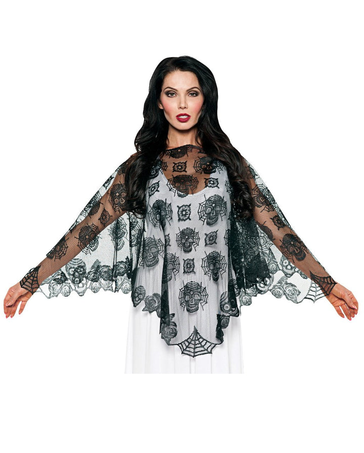 Halloween Skelett-Poncho Aus Spitze – Weiß, 145x145 Cm, Polyester, Gruselig-stylish Für Frauen