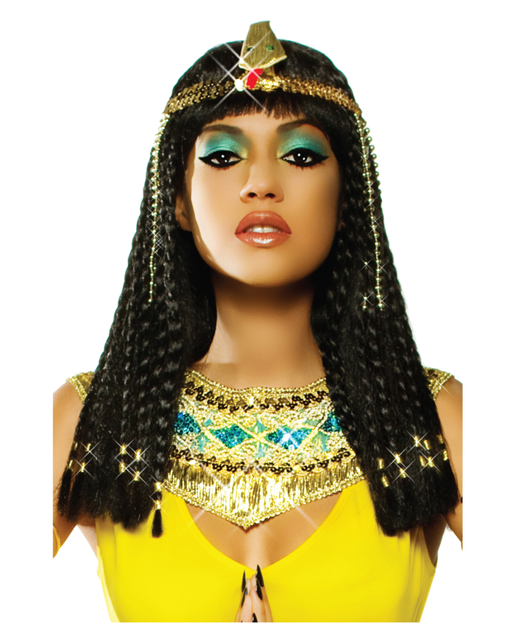 Perücke Schwarz Kleopatra Ägypterin Hippie 70er FlowerPower Antike Fasching lang