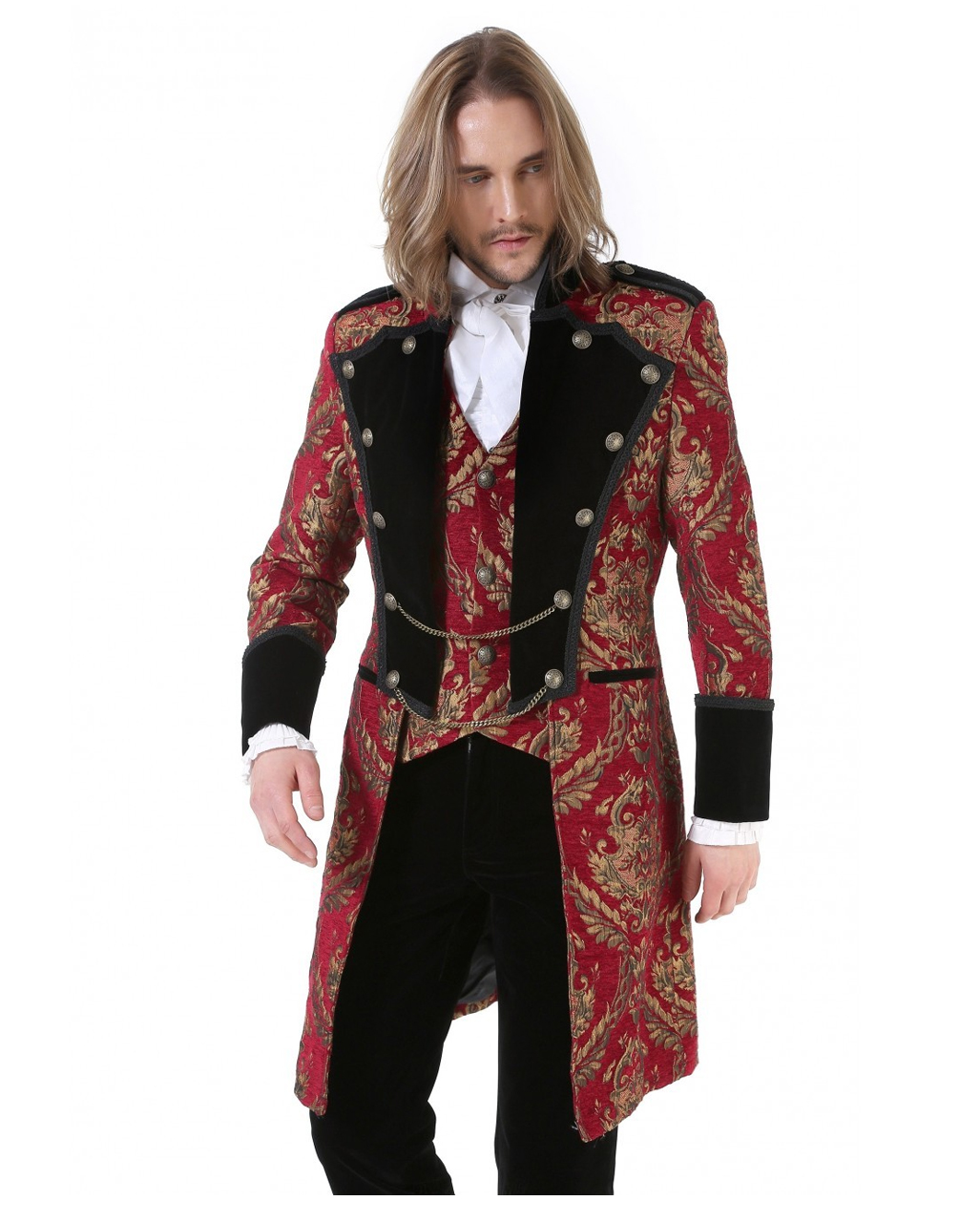 Renaissance Men's Red Brocade Goth Steampunk Victorian Velvet Frock Coat 
