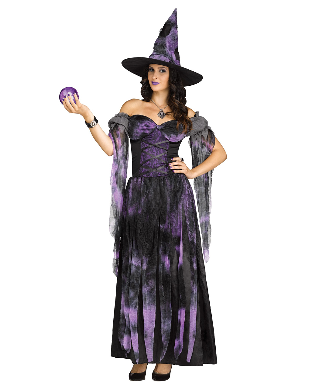 3 tlg Damen Mädchen Kostüm lila HEXE HUT Hexenkostüm Zauberin Kleid Halloween 