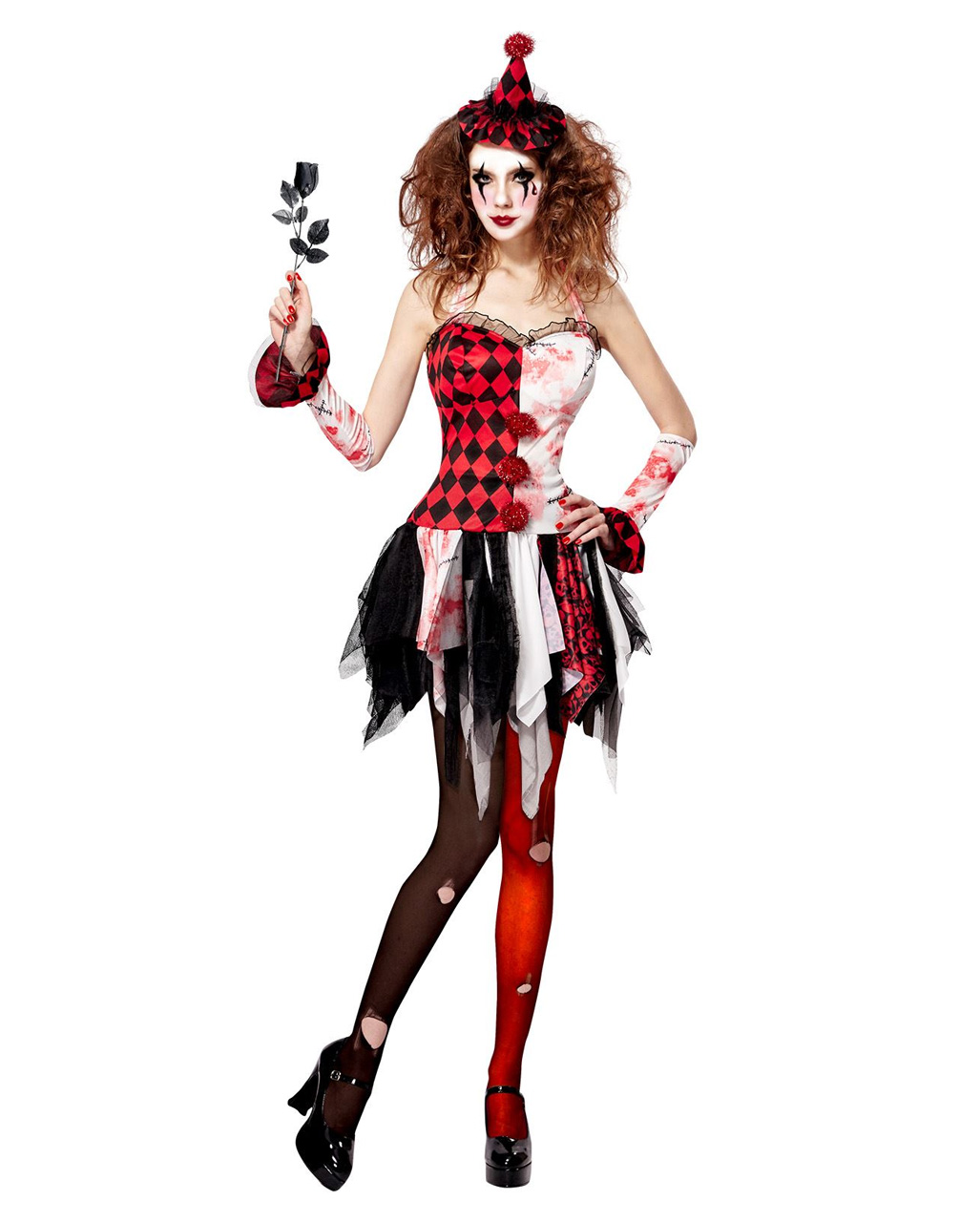 LADIES KILLER CLOWN COSTUME HARLEQUIN HORROR SCARY HALLOWEEN FANCY DRESS OUTFIT 