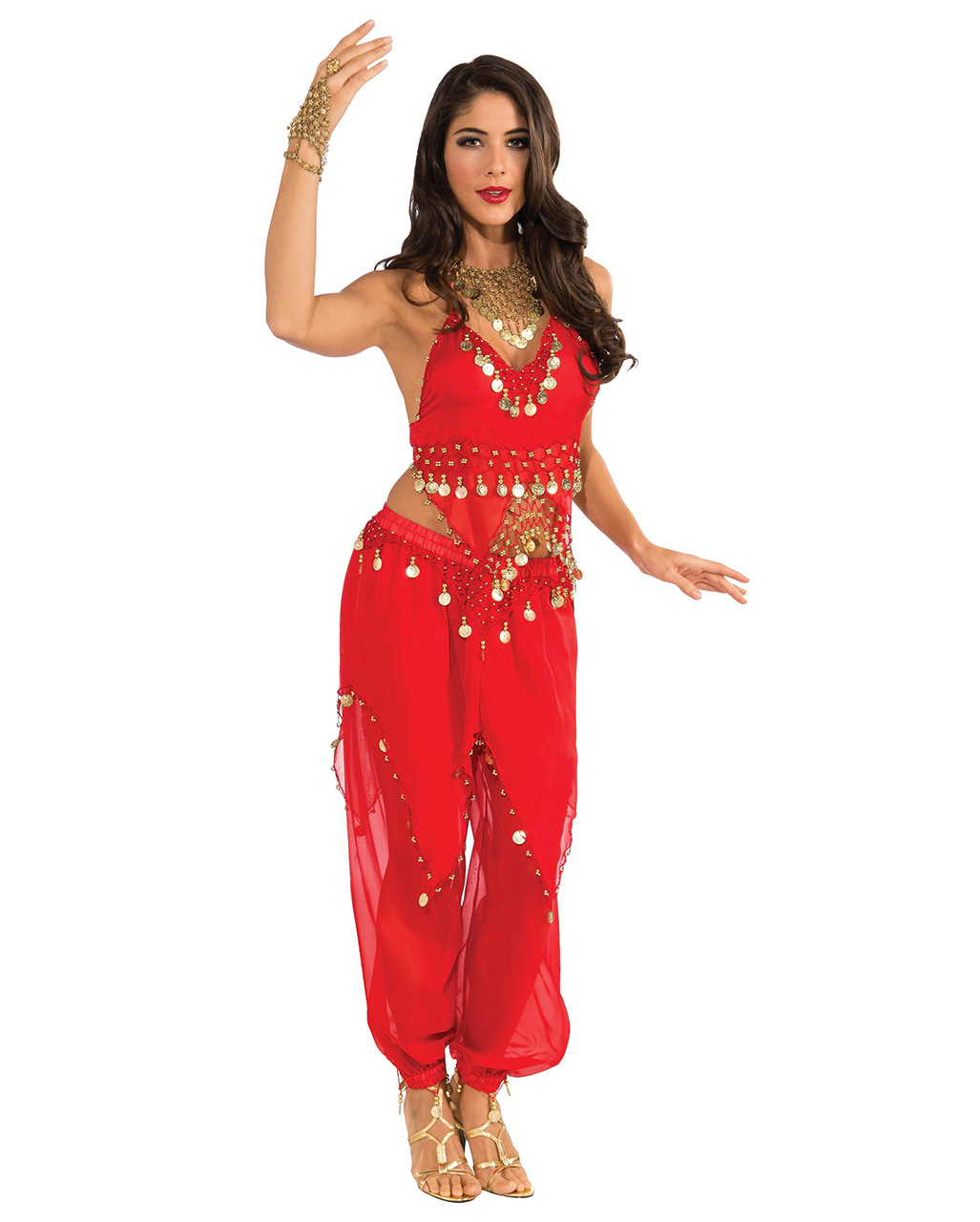 Oriental Belly Dance Costume In Red With Coins Horror