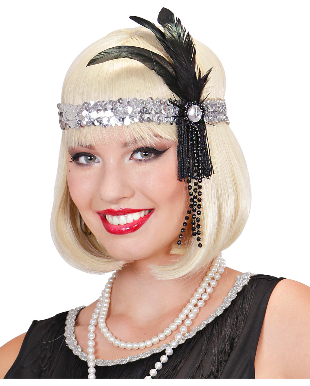 Flapper Headband Black Sequin With Feather 