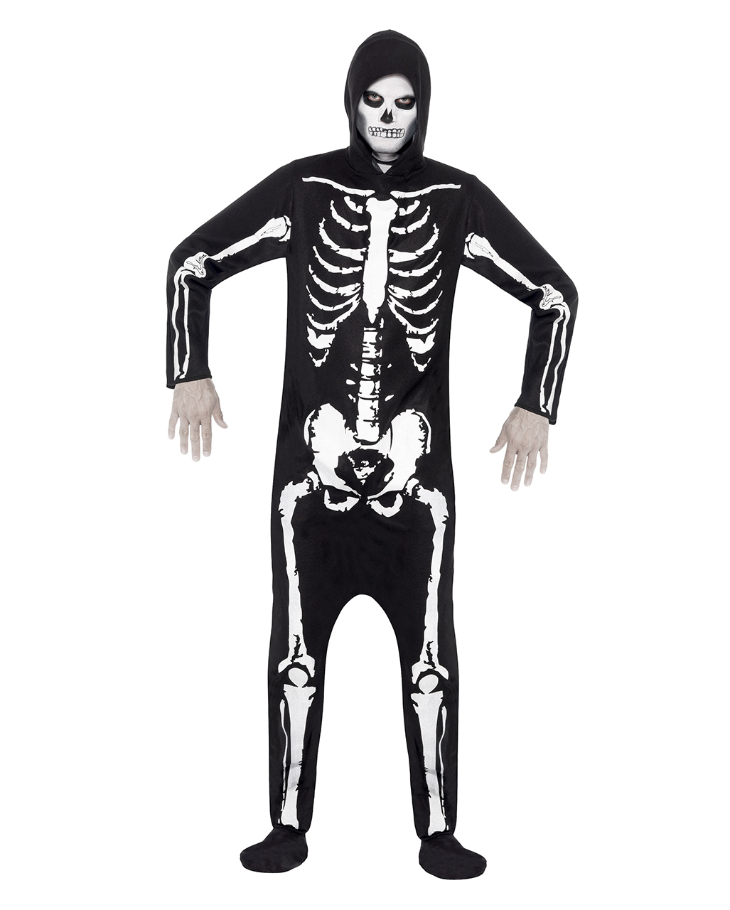 Skeleton costume with hood | Black jumpsuit with skeleton motif ...