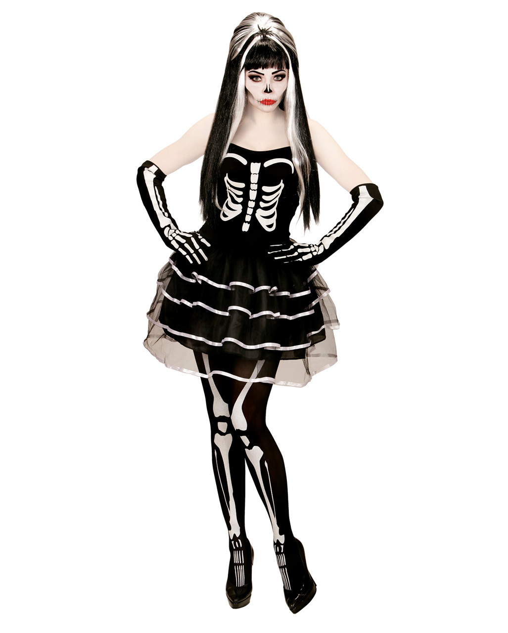 Black Skeleton Bone Print Death Devil Gloves Halloween Goth Fancy Dress One Size 