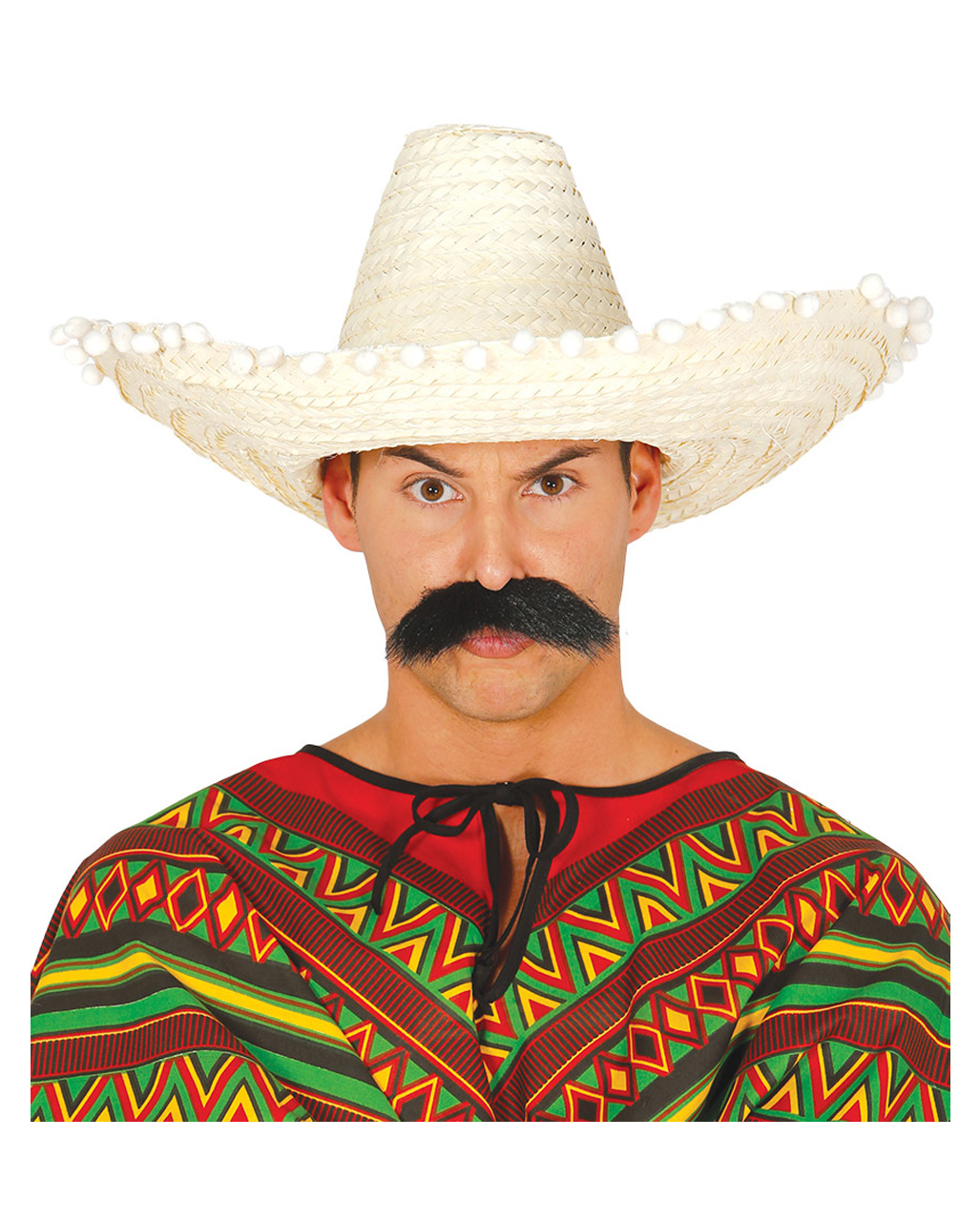 Sombrero Mexiko Mexikaner Strohhut Hut Schwarz mit weißen Bommeln 