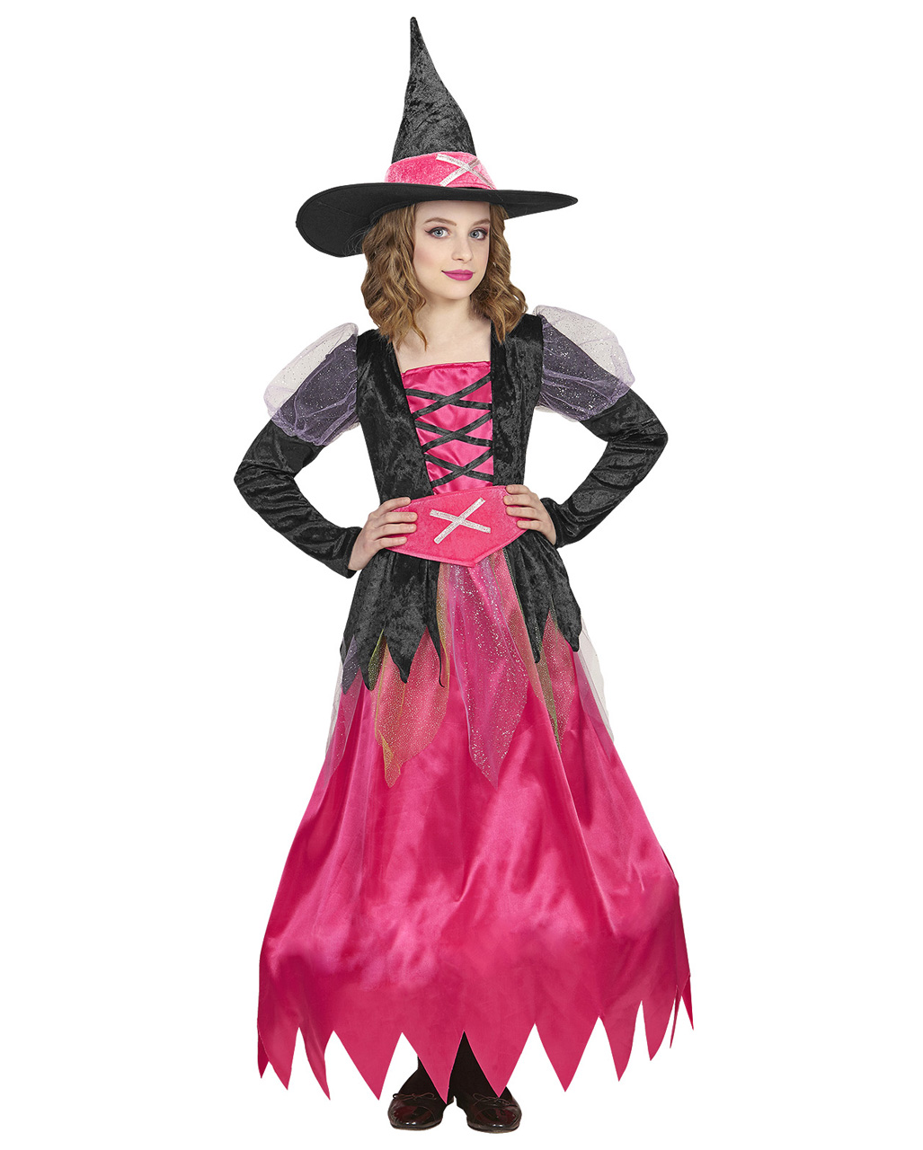 Kleid mit Hexen Hut pink/schwarz Kinder Kostüm Halloween Magier Mädchen HEXE 