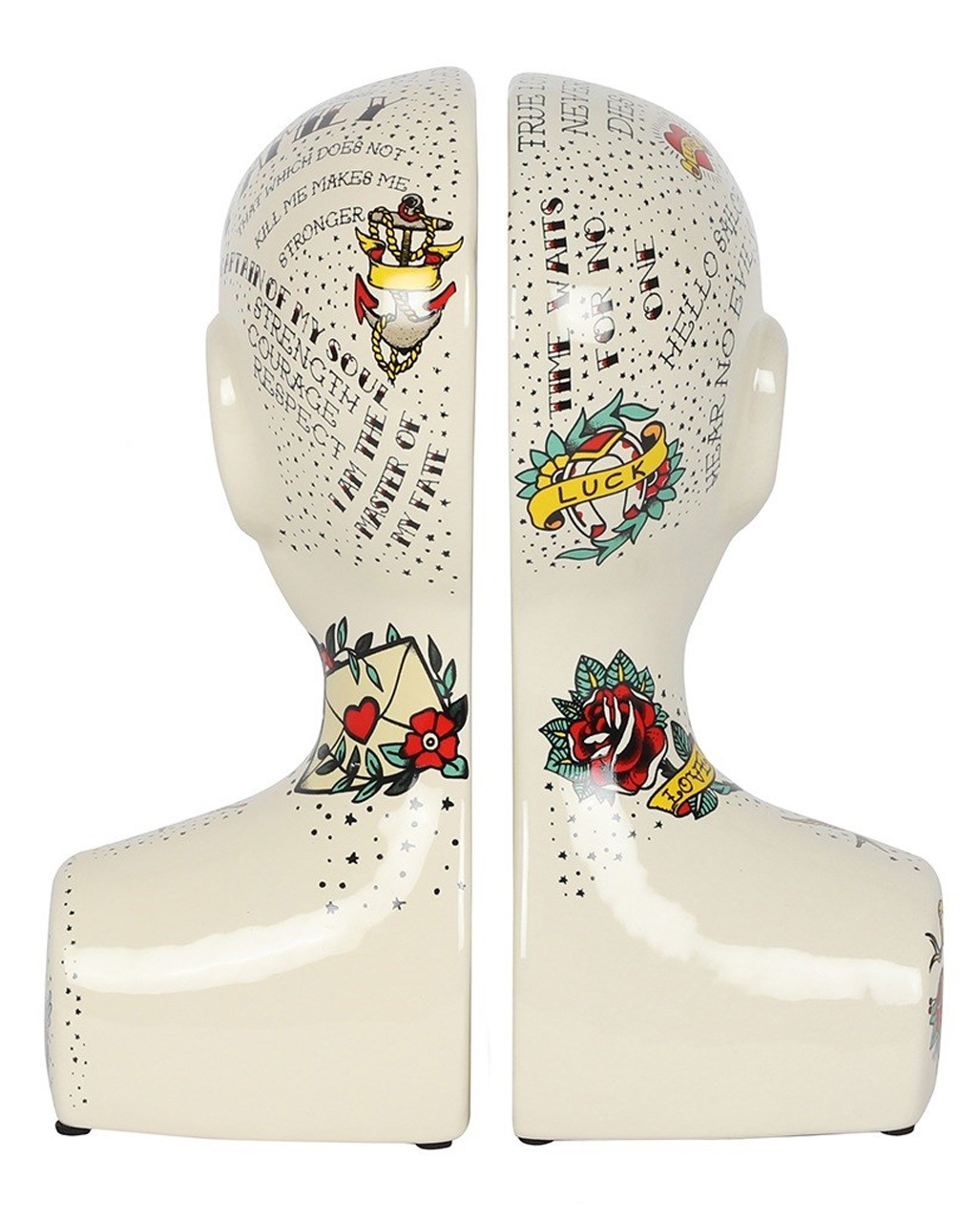 Phrenology Head Bookends with colorful illustrations